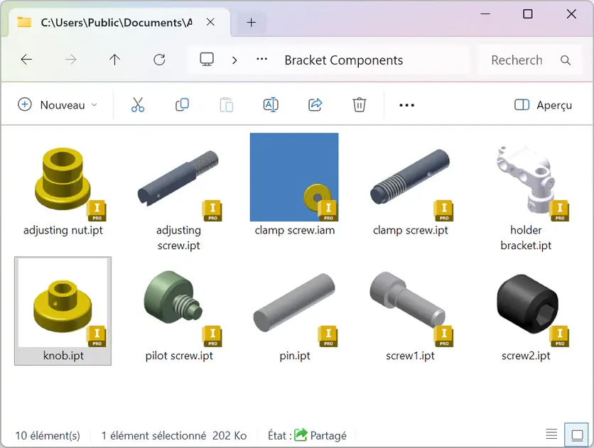 Thumbnails of Inventor parts and an assembly in Windows Explorer