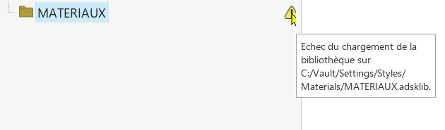 Warning triangle and "Failed to load library" tooltip in the material manager