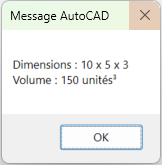 Dialog box displaying the dimensions and volume
