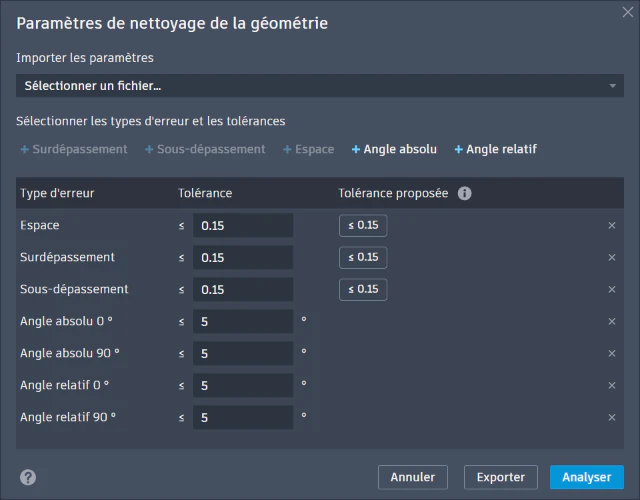 Configuration de l'outil de nettoyage de la géométrie AutoCAD 2027