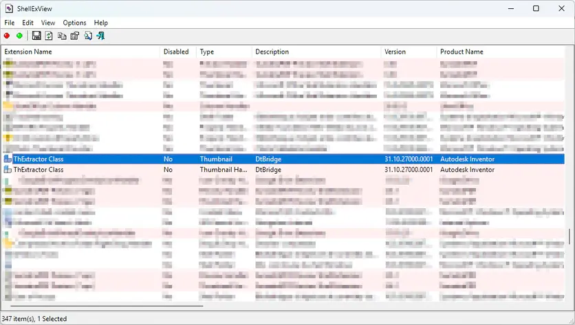 Les gestionnaires de miniatures d'Inventor dans ShellExView, ici non bloqués
