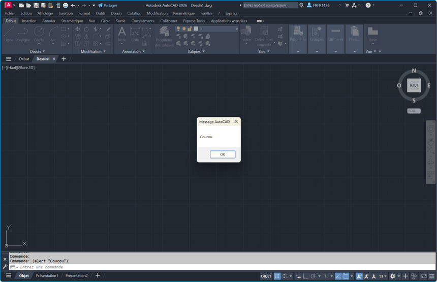 L'alerte avec le message "Coucou"