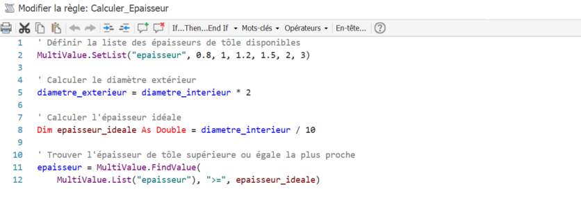 La règle Calculer_Epaisseur dans l'éditeur iLogic